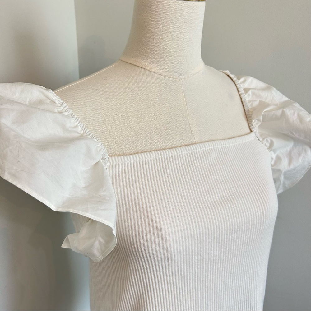 A New Day White Top with Ruffle Cap Sleeves Feminine Cottage-core Stretchy NWT
